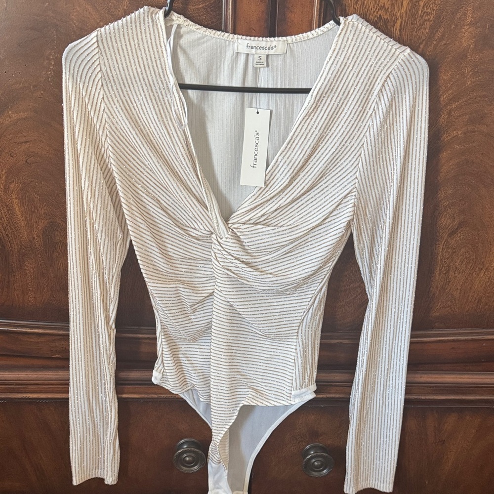 Francesca's Cream and Silver Striped Bodysuit
